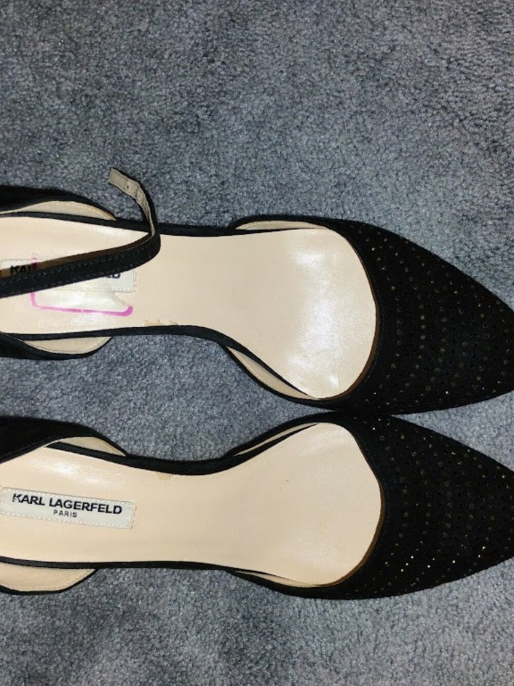 Karl Lagerfeld Heels Women's Size 9.5 Ankle Strap Bejeweled Black Suede Heels
